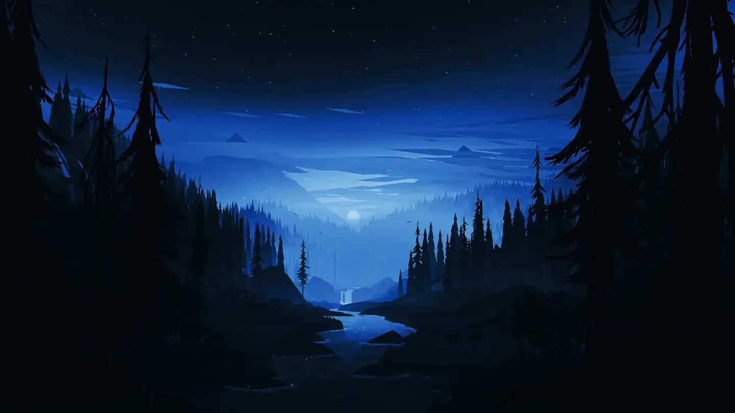 Paisagem noturna ilustrada com floresta densa, rio ao centro e céu estrelado com montanhas ao fundo